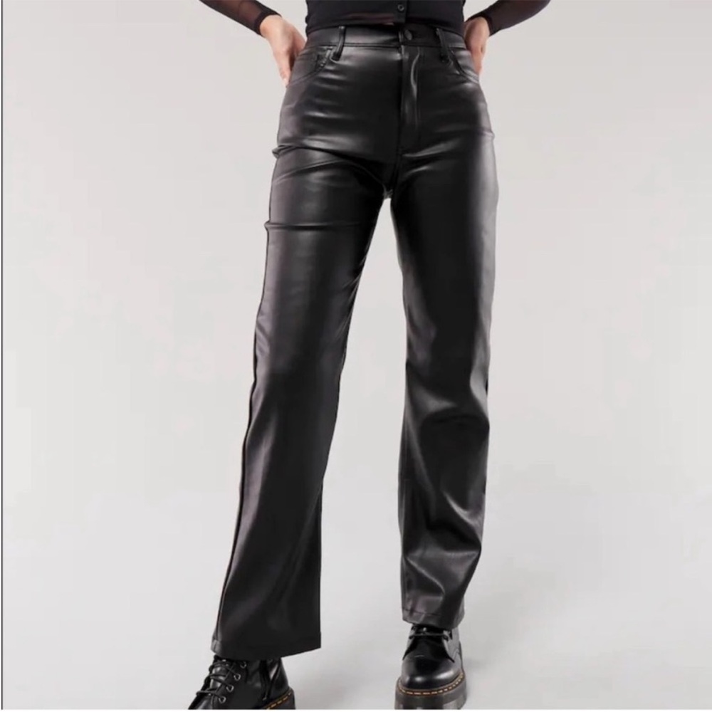 Hollister Black Ultra High-Rise Faux Leather Straight Leg Trousers